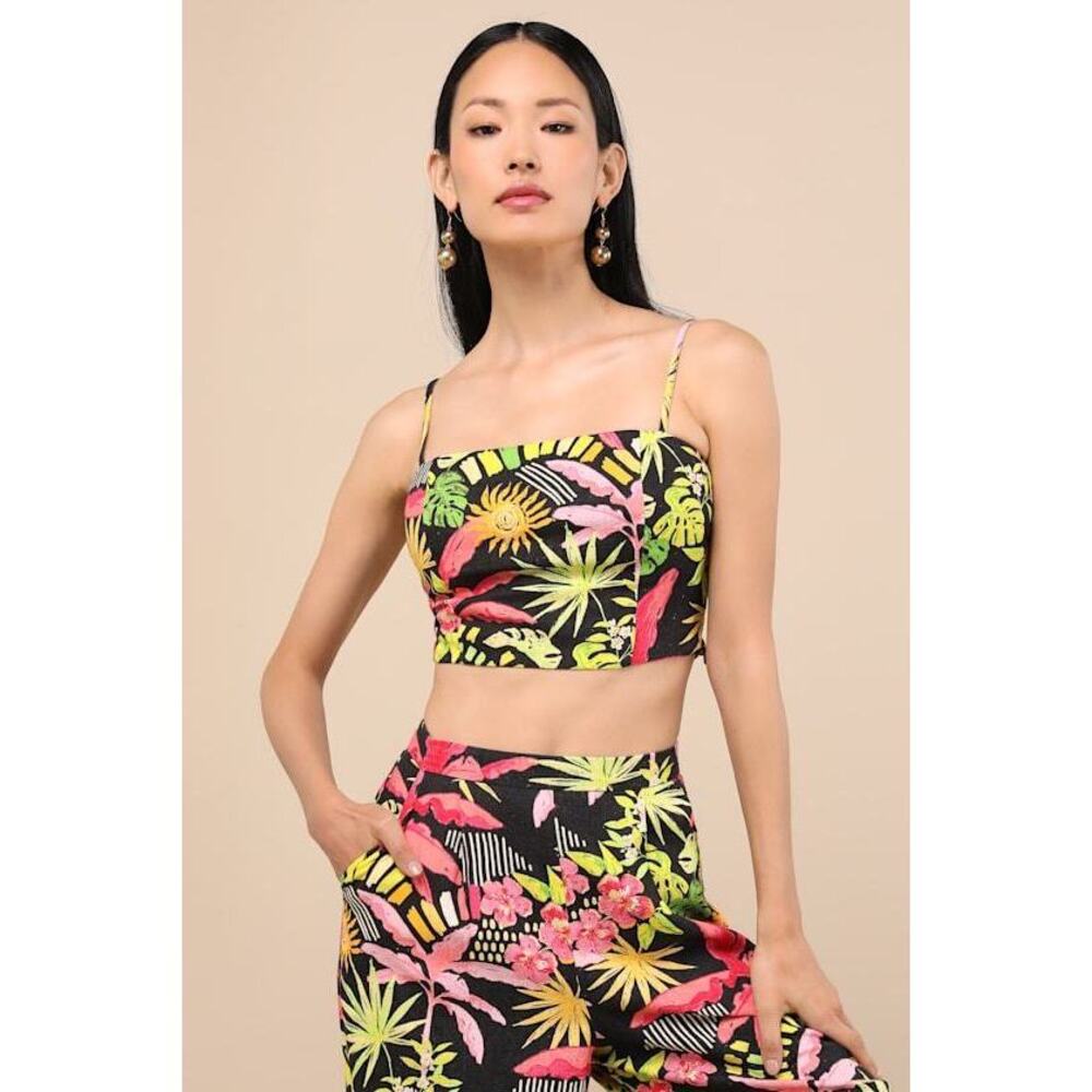 Lulus Matira Black Multi Tropical Print Cami Top - Size S